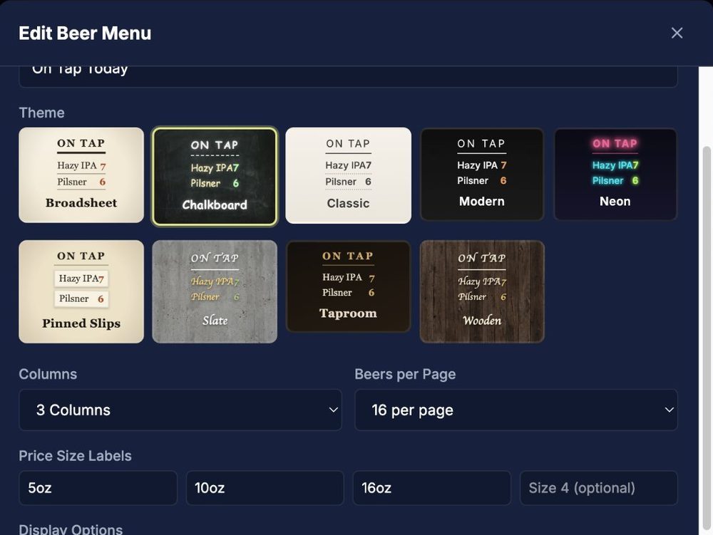 Thursti Edit Beer Menu panel: nine themes, columns and beers per page