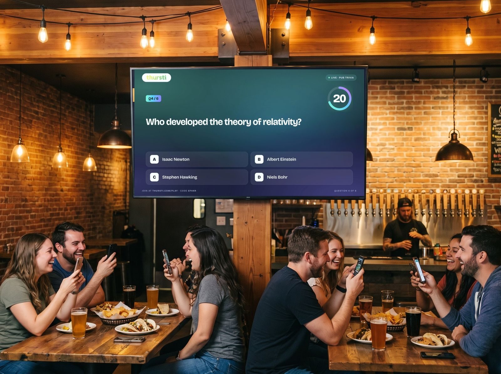 Guests playing Thursti live trivia from their phones under a bar TV