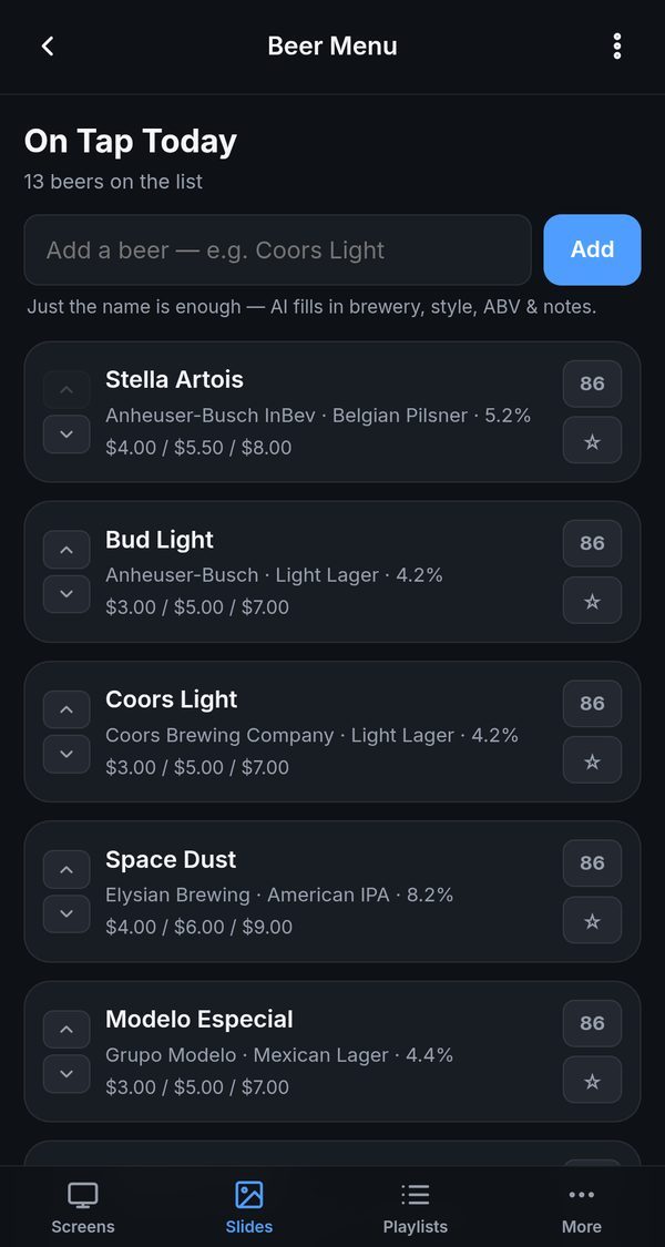 Thursti beer menu editor on a phone — type a beer name and the AI fills in brewery, style, ABV and notes
