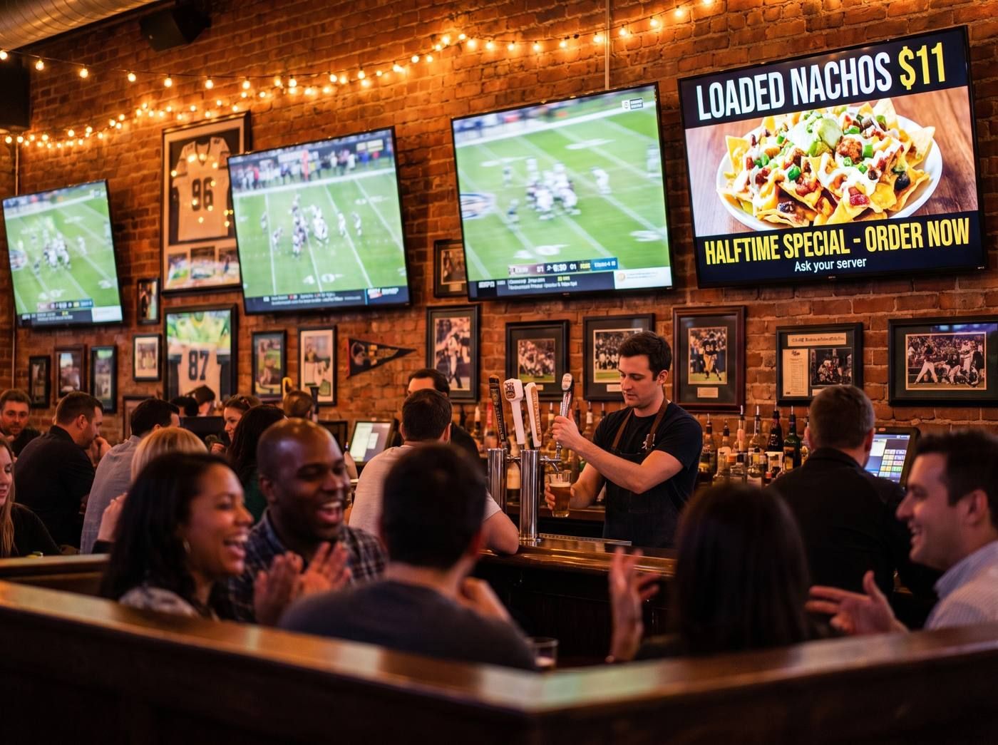 Bar with the game on several TVs and a loaded nachos halftime special on the screen beside them