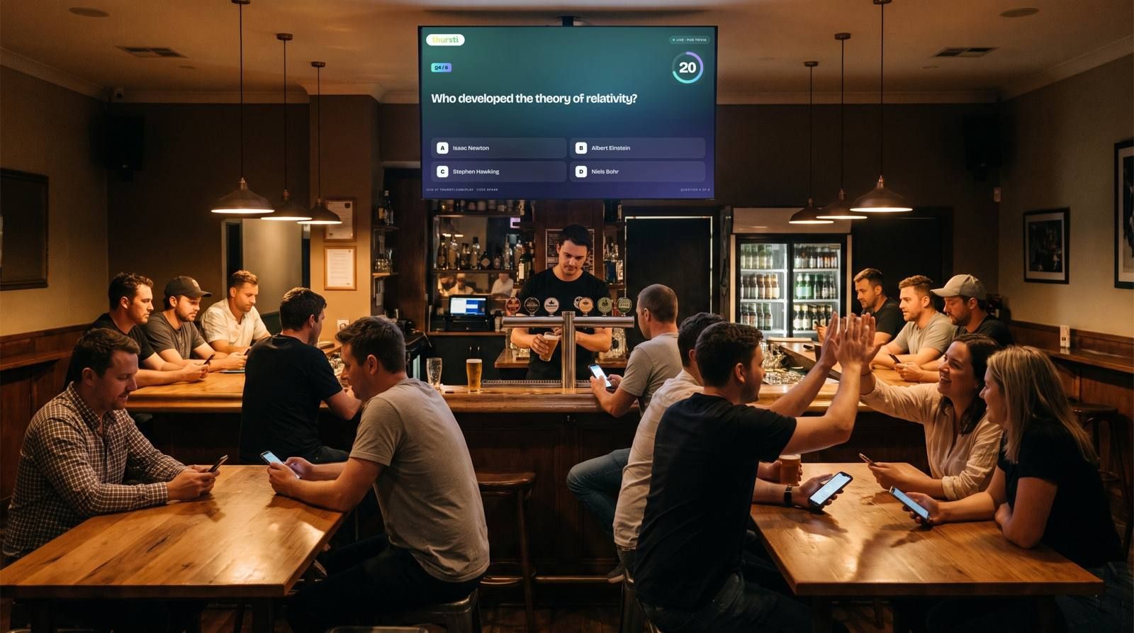A small bar on a weeknight with an automated speed round running on the TV while the bartender pours